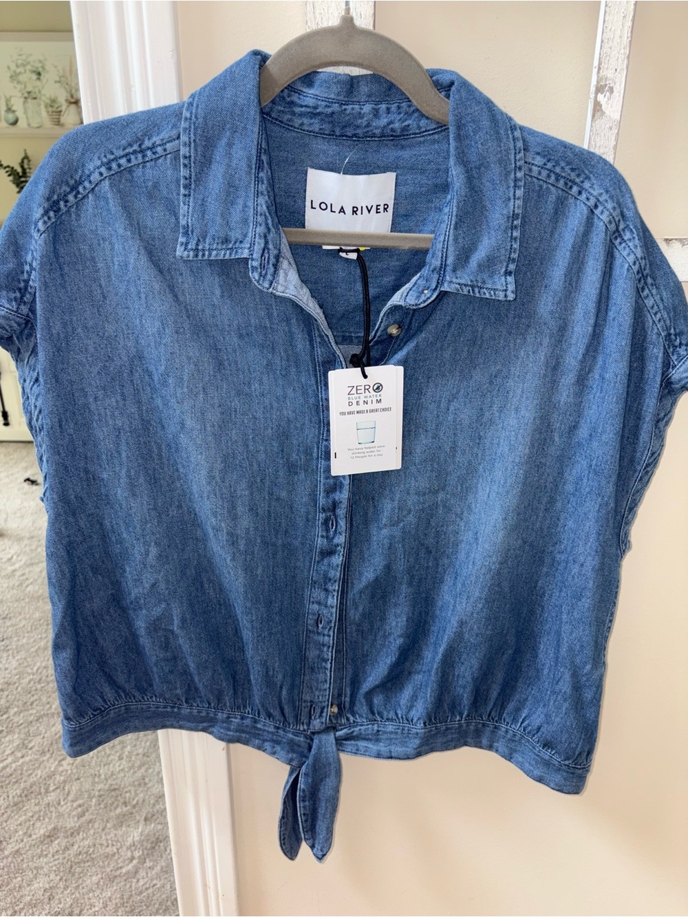 Lola River Blue Denim Tie-Front Button-Down Top
